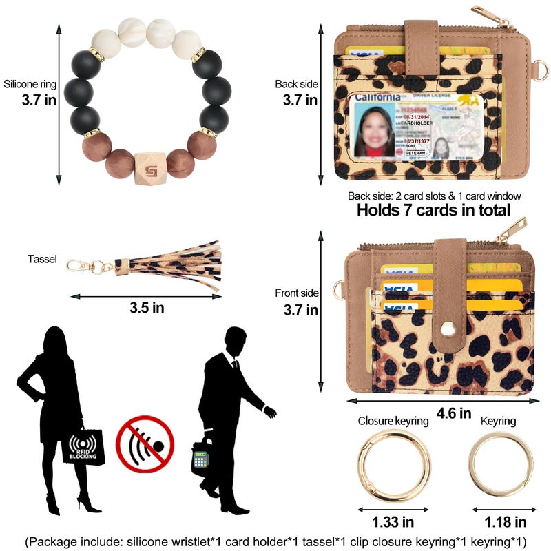 COOLANS Wristlet Bracelet Keychain Card Holder Card Pocket PU Leather Purse Tassel Keychain Bangle Key Ring for Women Girls (Silicone Bead Bracelet+Card Purse (Brown Leopard)) - Image 2
